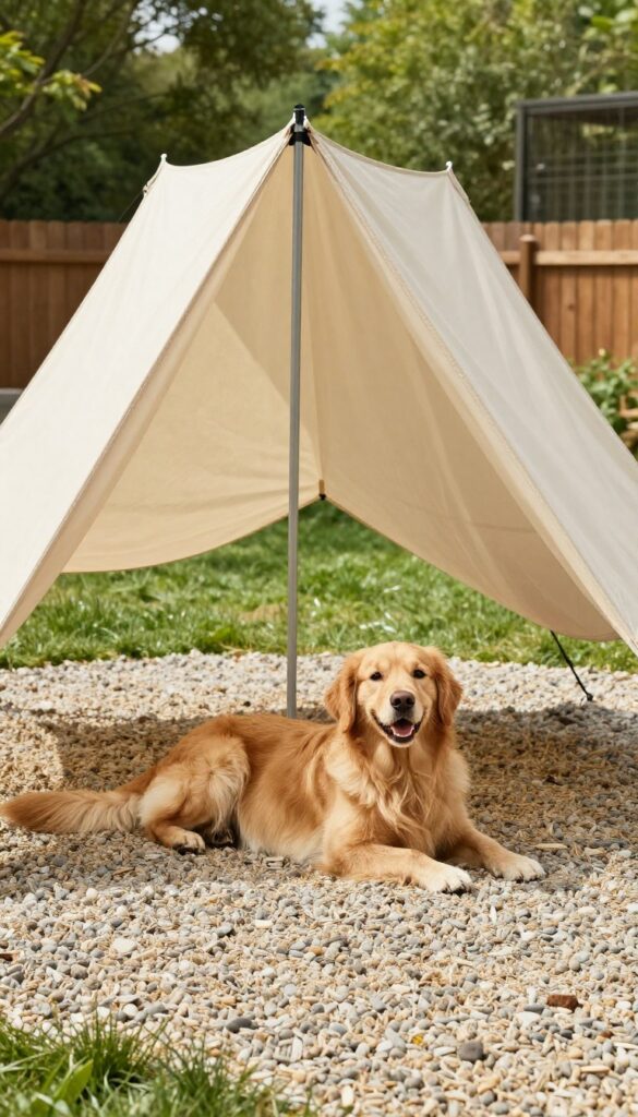 Dog kennel with shade sail over pea gravel and sand base, golden retriever resting underneath.
