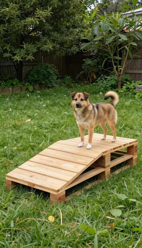Elevated pallet dog kennel with ramp in a sunny backyard