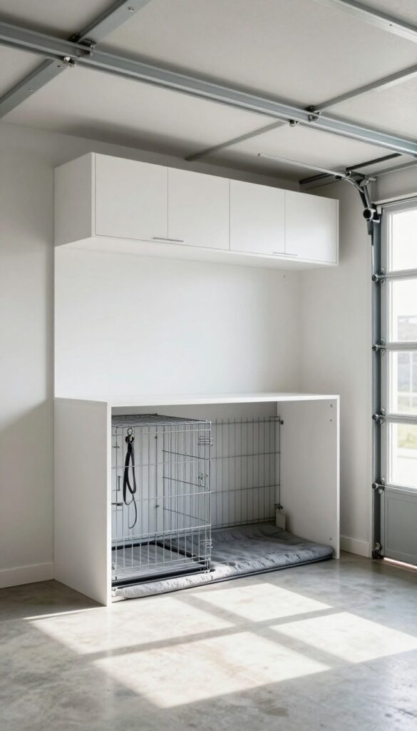 Built-in dog crate with overhead cabinets for organized garage storage