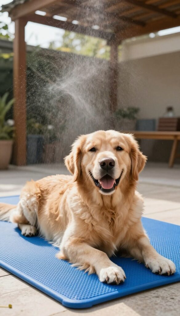 Dog resting on cooling mat with misting system in backyard