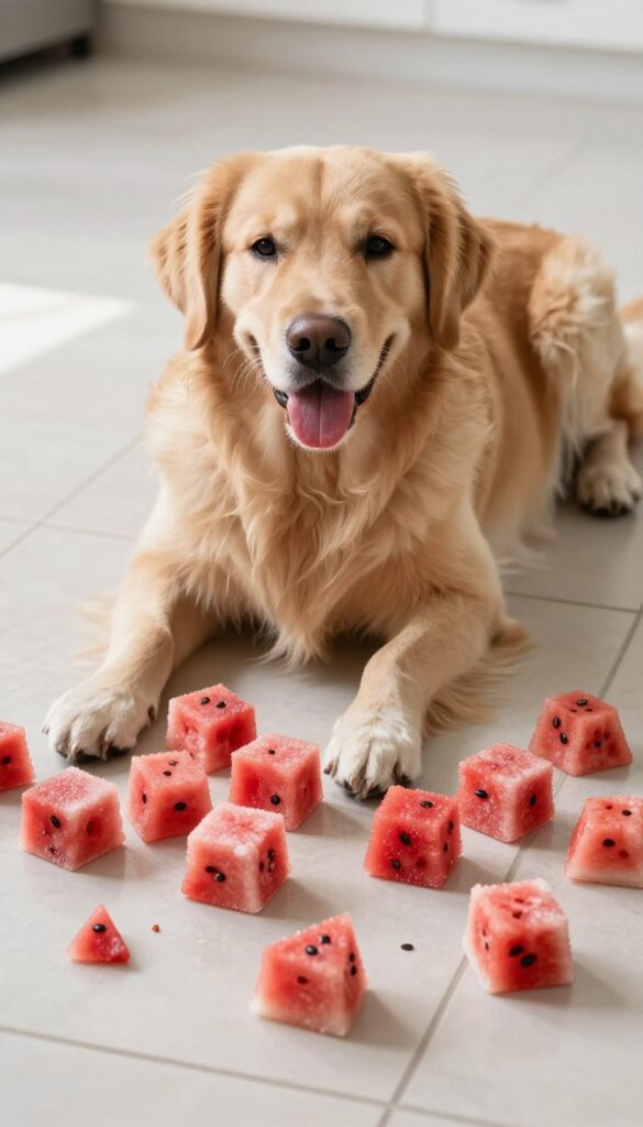 Golden retriever enjoying frozen watermelon cubes on a kitchen floor