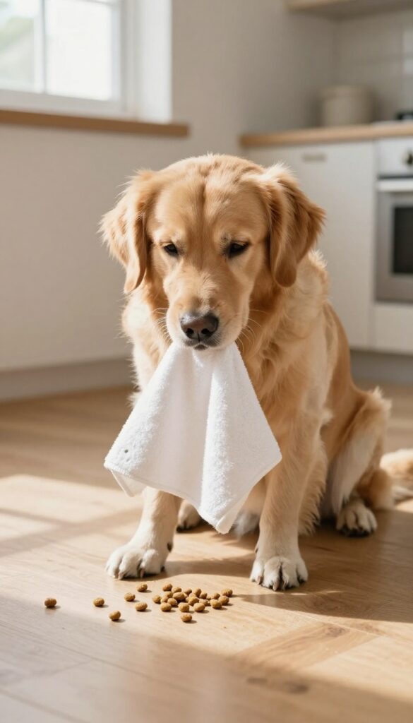 Golden retriever unrolling a towel to find hidden treats in a bright, cozy living room