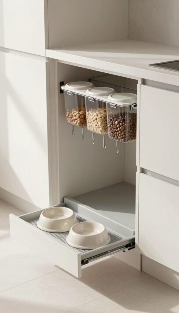 Hidden feeding station with pull-out drawer and storage for dog bowls and food