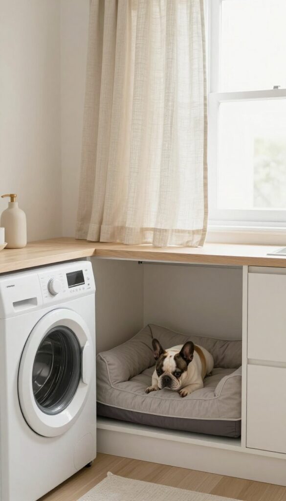 Under-counter dog bed nook in a laundry room with a plush bed and curtain.