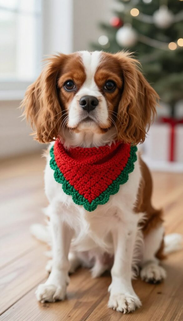 A small dog wearing a festive red and green crochet bandana with scalloped edges, sitting on a wooden floor in natural light.