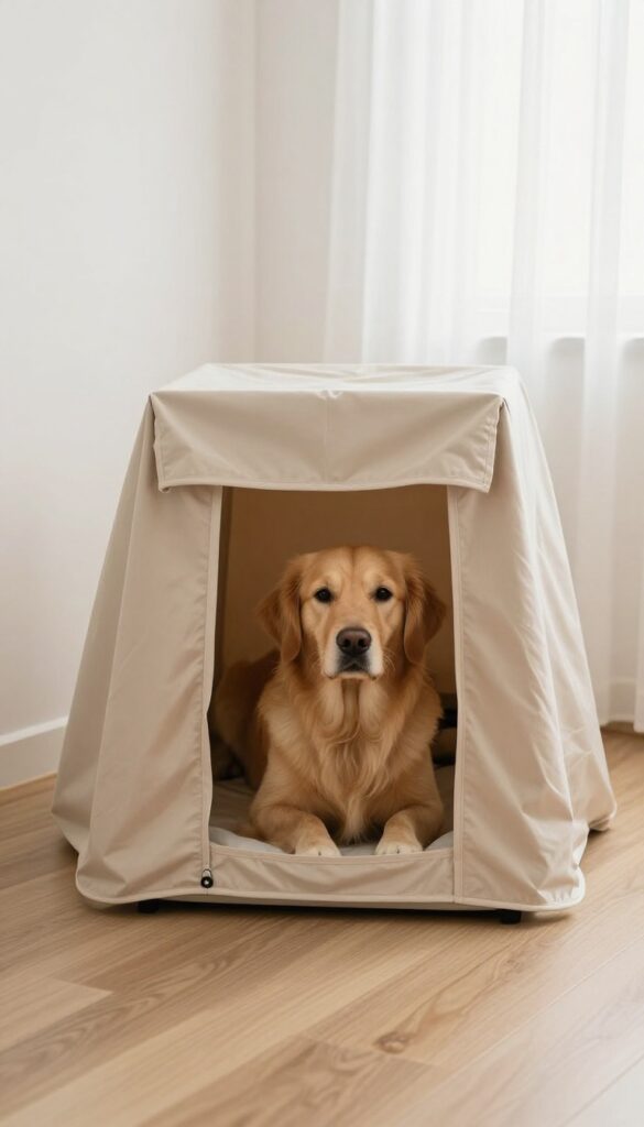 Dog crate with soft-sided cover creating a tent effect, golden retriever peeking out, bright living room setting