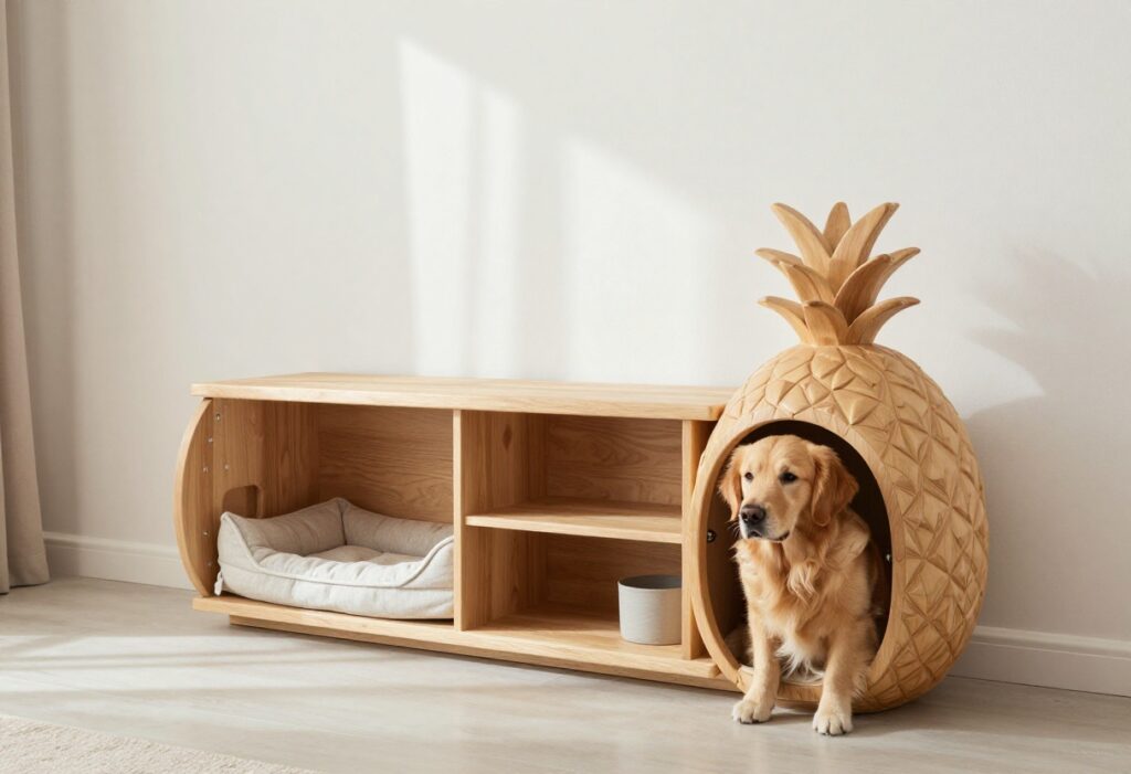 DIY indoor dog kennel with hidden storage in a modern living room, featuring a wooden console table design with a dog peeking out.