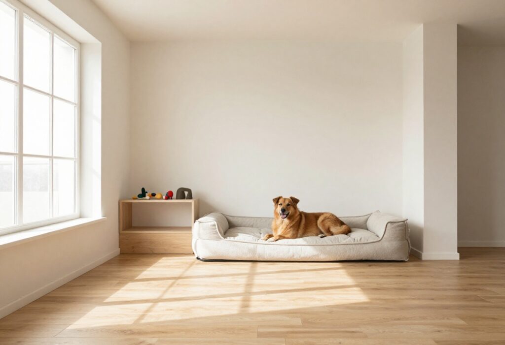 A stylish dog room with a built-in alcove bed, toys on a shelf, and a relaxed dog lounging on a plush cushion.