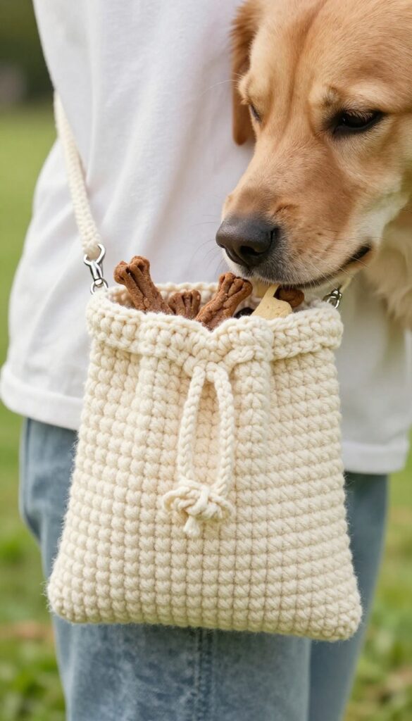 Crochet treat pouch with drawstring clipped to belt, dog sniffing nearby in sunny park