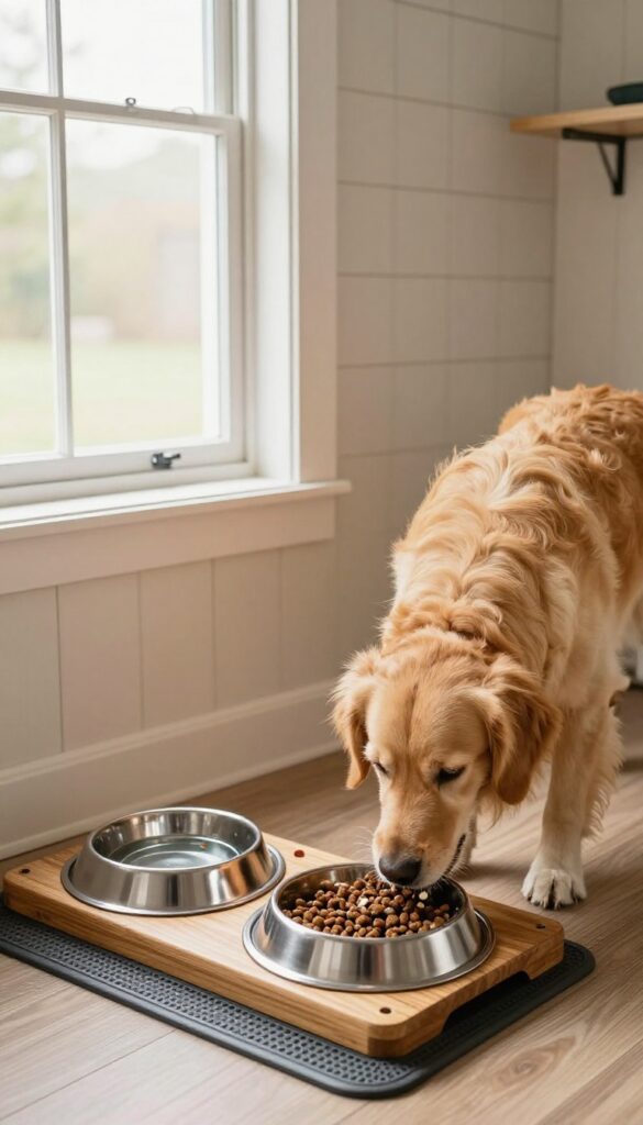Golden retriever eating from an elevated wooden feeding station in a bright mudroom