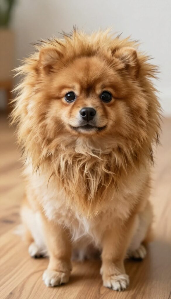 Small dog wearing a lion mane costume, looking cute and photorealistic