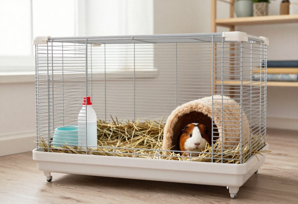 DIY guinea pig cage made from a bookshelf with fleece liners and accessories