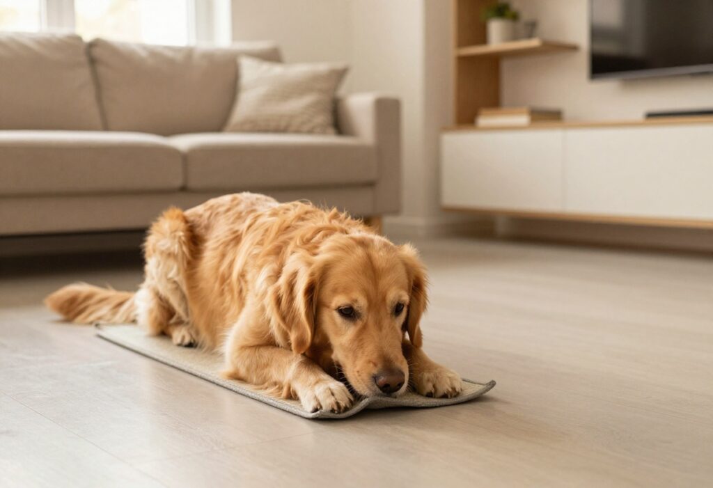 Golden retriever using a snuffle mat for enrichment