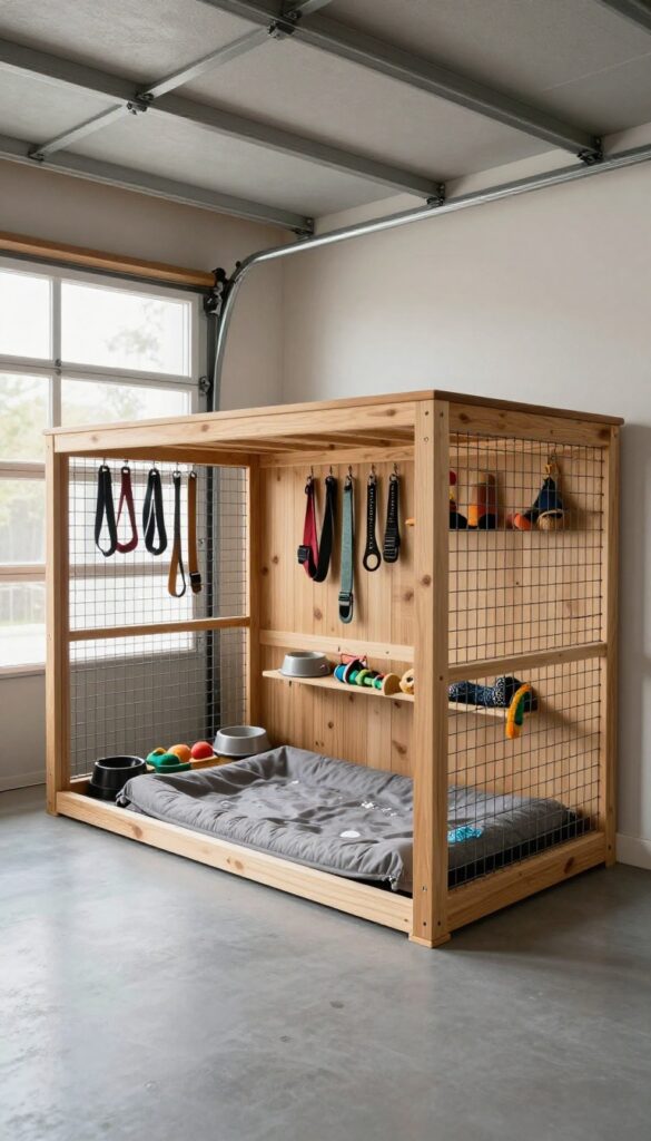 Garage wall kennel niche with wooden frame, wire mesh front, raised bed, and organized pet accessories in bright natural light