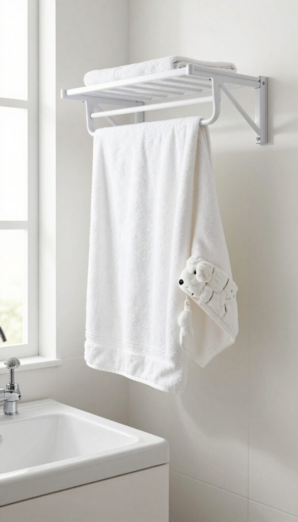 Wall-mounted drying rack holding a towel and dog coat in a bright laundry room with a dog wash station.