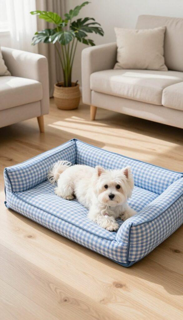 Small fluffy dog resting on a blue gingham dog bed with removable cover in a bright living room
