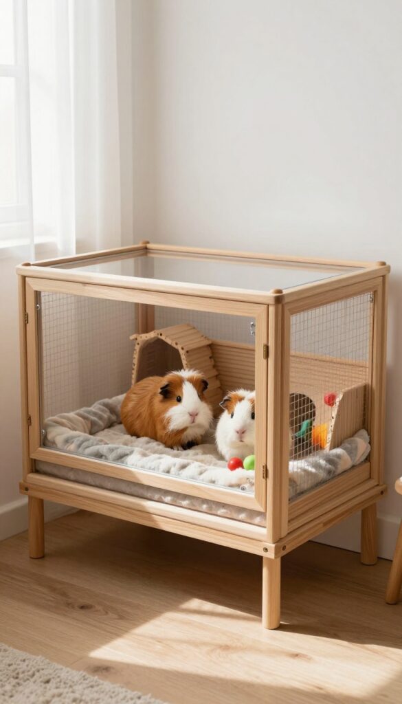 DIY wooden guinea pig cage with plexiglass front in a cozy room
