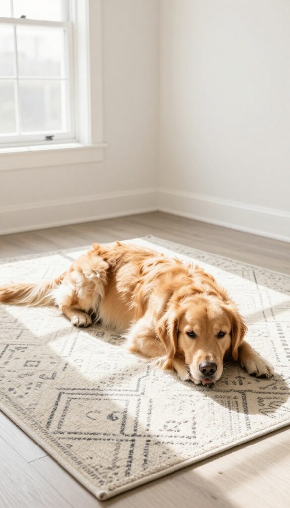 Dog resting on a washable patterned rug with non-slip pad in a bright living room