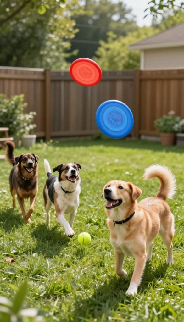 Three dogs playing fetch with different toys in a sunny backyard