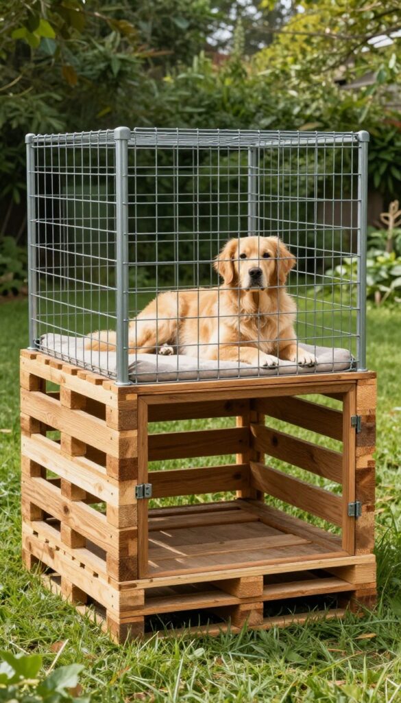 Pallet and wire combo dog kennel in a sunny backyard, with stacked pallets on the bottom and wire fencing on top, a golden retriever resting inside on a bed.