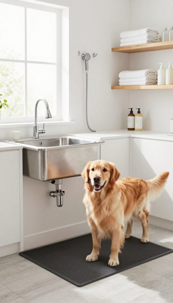 A raised dog bath station in a bright utility room, with a golden retriever standing in a stainless steel sink on a non-slip mat, surrounded by organized supplies.