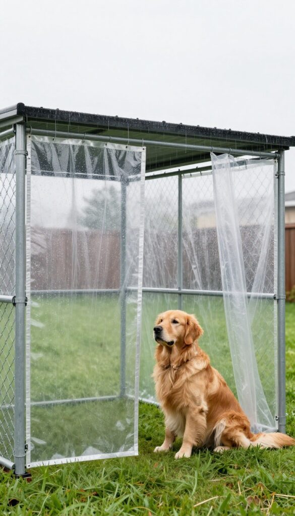 Outdoor dog kennel with clear vinyl curtains protecting a golden retriever from wind and rain