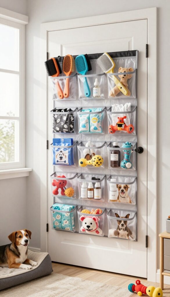 Over-the-door clear pocket organizer filled with dog supplies in a bright kennel room