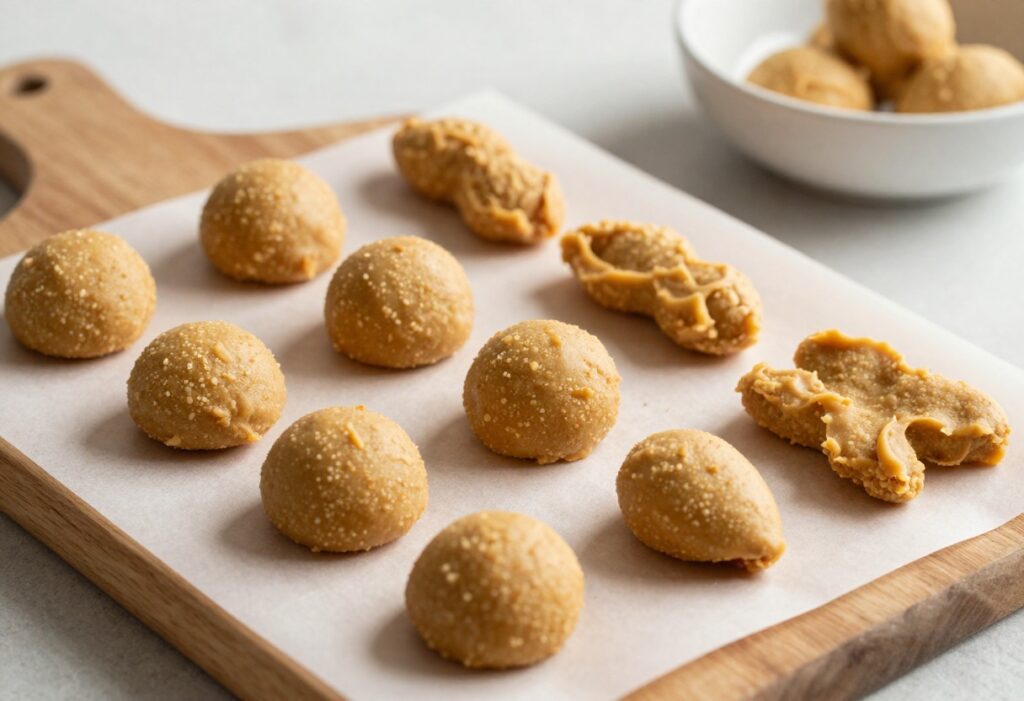 Homemade peanut butter dog treats on a wooden baking sheet in natural light