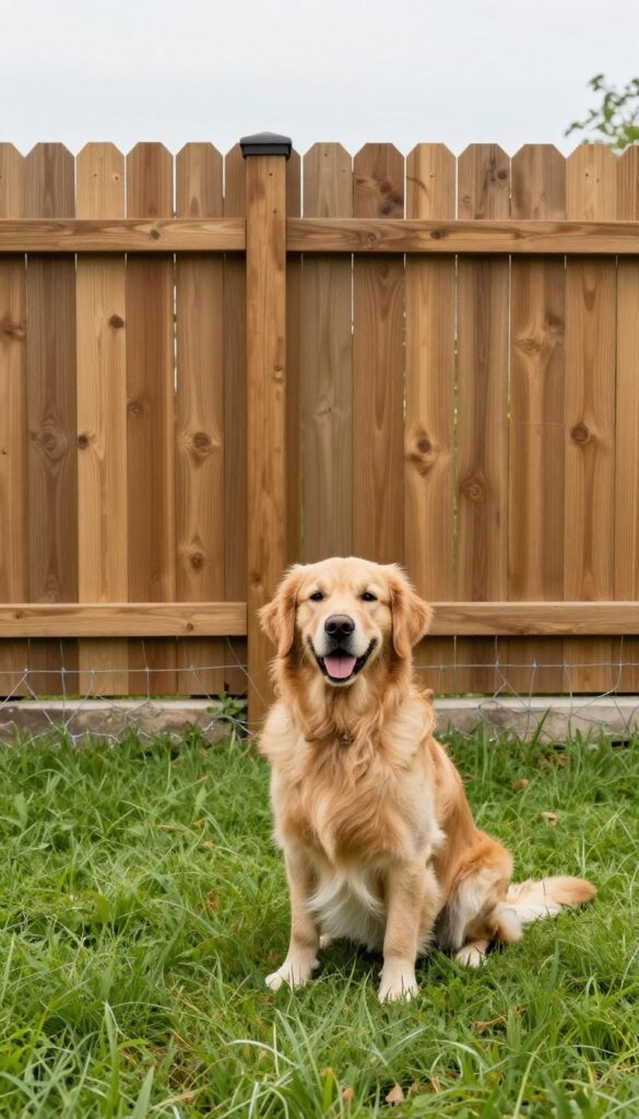 Secure dog-proof fence with reinforced base and a happy dog in a safe backyard