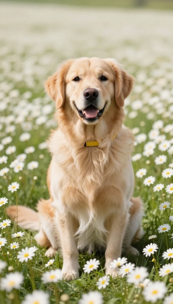 Friendly Golden Retriever sitting in a field of daisies, sunny spring morning