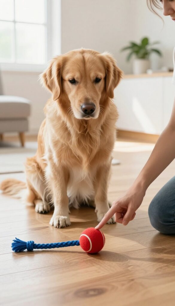 Dog owner teaching a golden retriever to identify a tennis ball among toys on a wooden floor, bright natural light, cozy home setting.