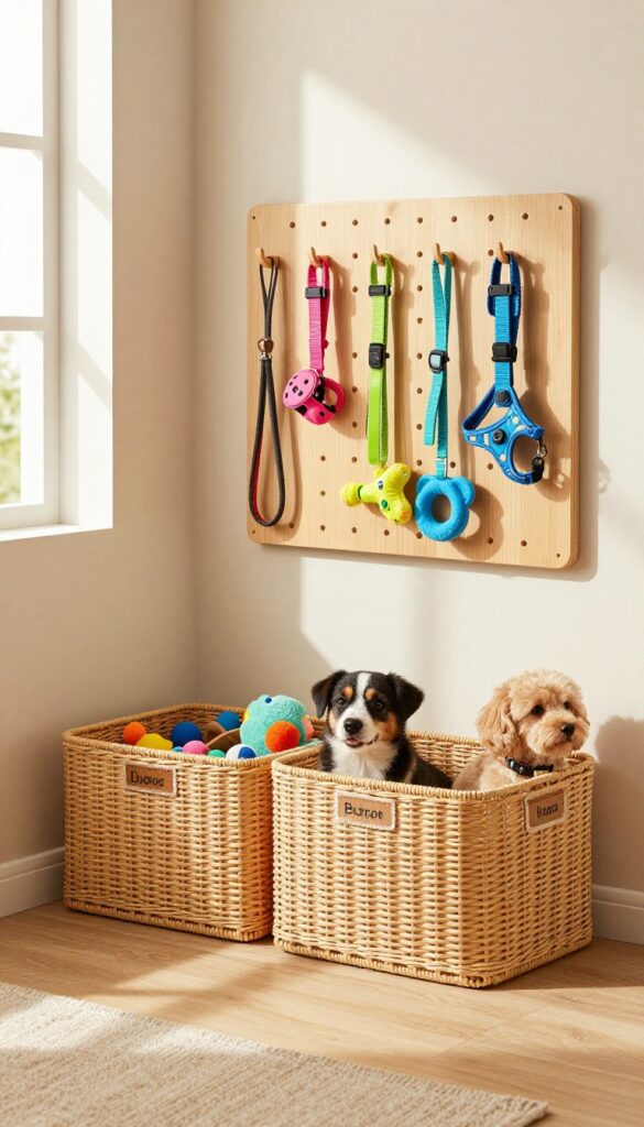 Under stairs dog toy and accessory organizer with bins, baskets, and pegboard