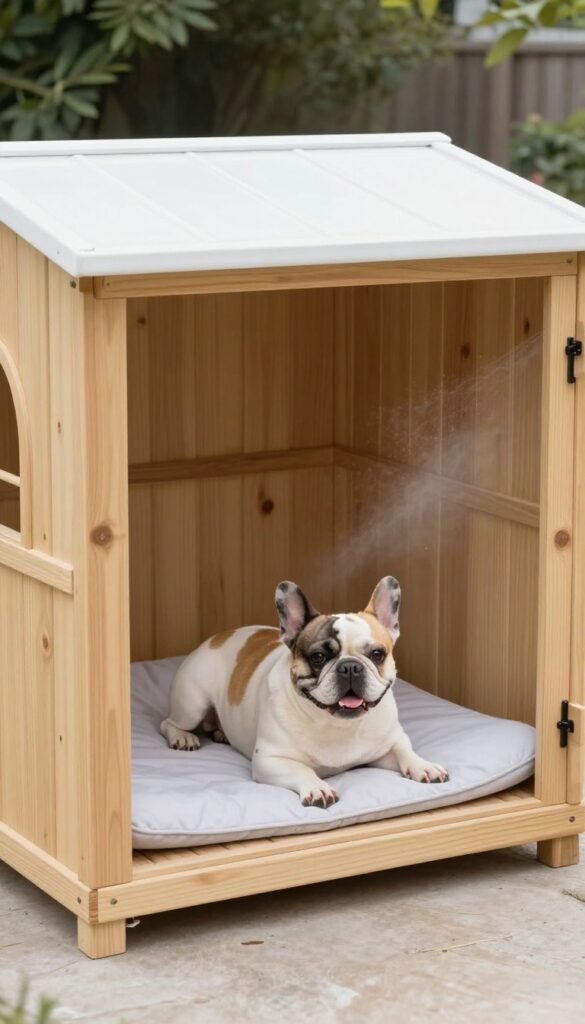 Shade-integrated outdoor dog kennel with raised roof and side panels, a French Bulldog relaxing inside on a cooling mat in a sunny backyard.