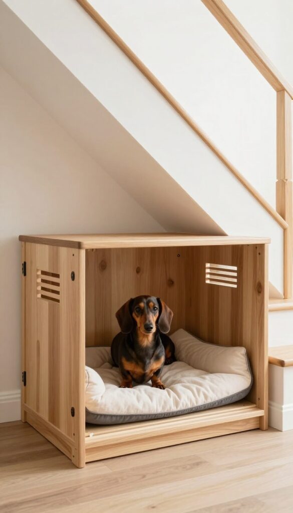 Cozy dog crate nook under stairs with ventilation grille and small dog resting inside