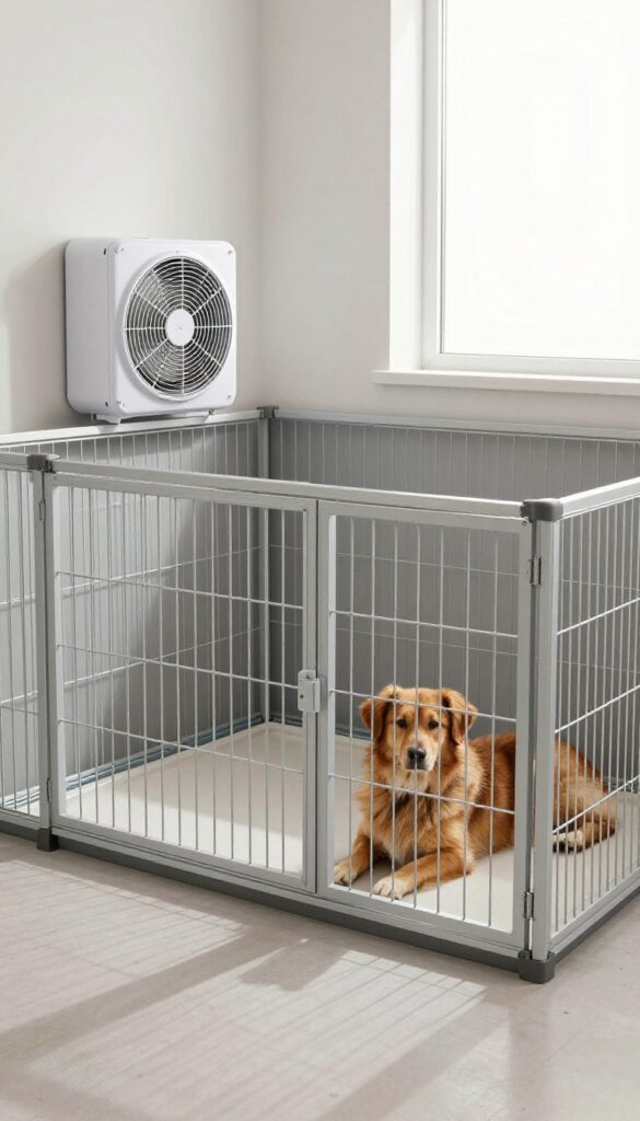 Indoor dog kennel with ceiling exhaust fan and natural light, dog resting comfortably