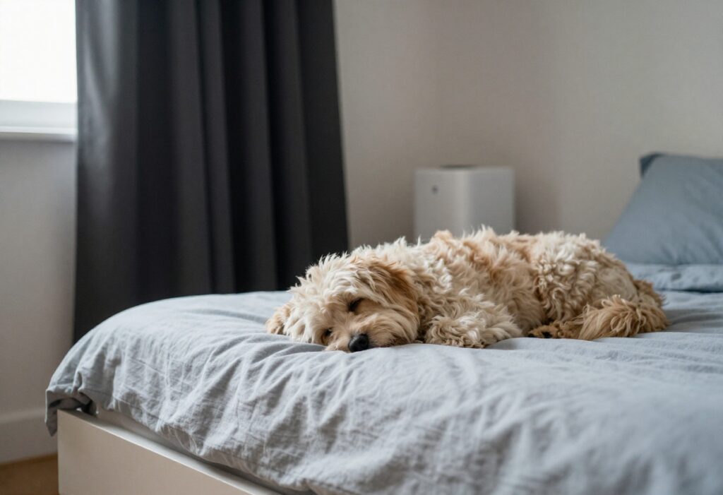 Dog sleeping peacefully on a plush bed in a calm, softly lit bedroom corner with blackout curtains and a white noise machine.