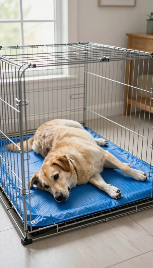 Large dog crate with waterproof mat inside, dog resting, bright natural light, clean home setting.