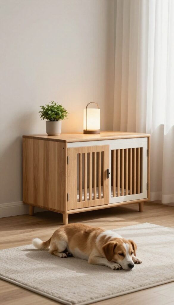Furniture-style dog crate doubling as a side table with lamp and plant, dog resting inside