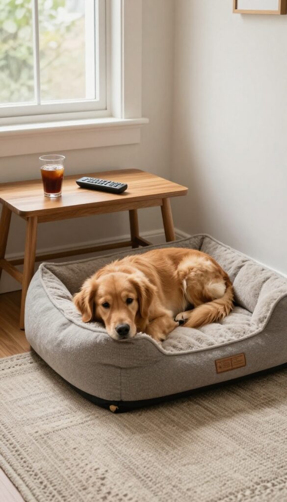 Cozy corner with side table hiding a dog bed underneath, small golden retriever sleeping, natural light