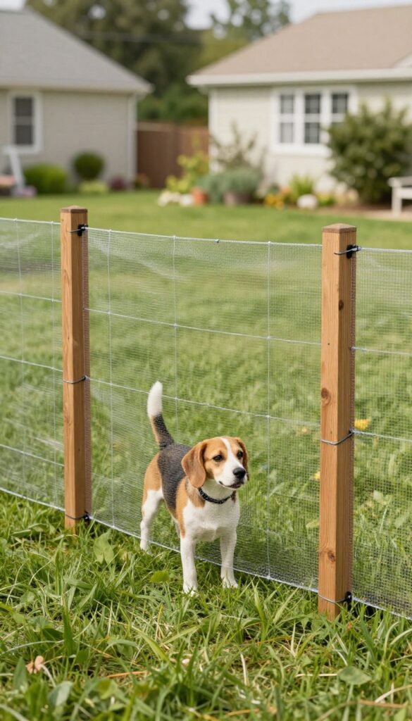 Mesh pet fence in backyard with small dog looking through