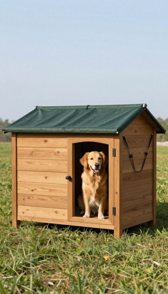 Dog house with weatherproof roof cover and golden retriever peeking out