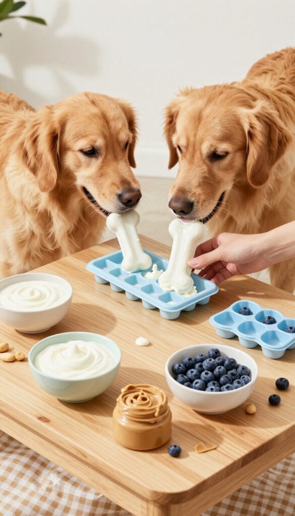 DIY frozen treat station for dogs with yogurt, peanut butter, blueberries, and silicone molds on a table in a sunny backyard.
