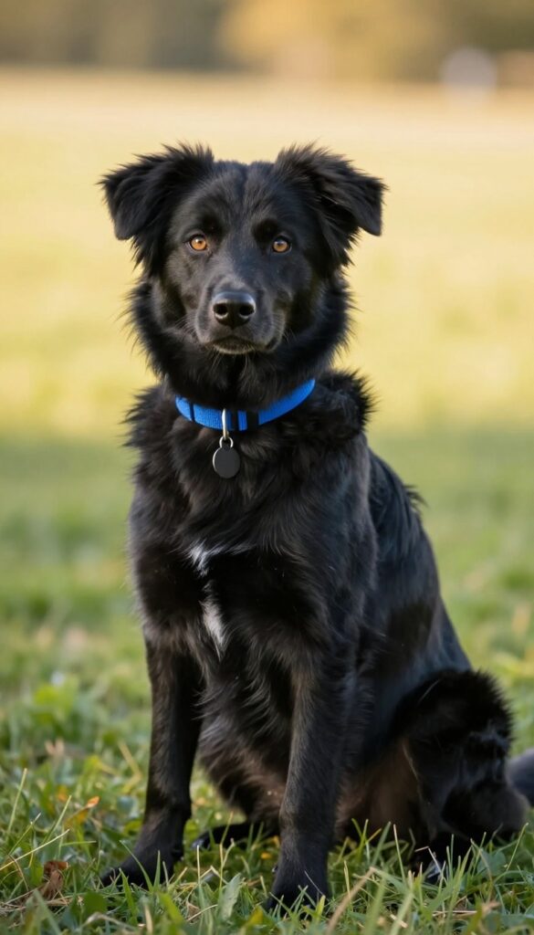 Border Collie puppy sitting alertly in sunlit grassy field wearing bright blue collar