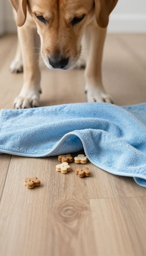 Dog unrolling a towel to find hidden treats