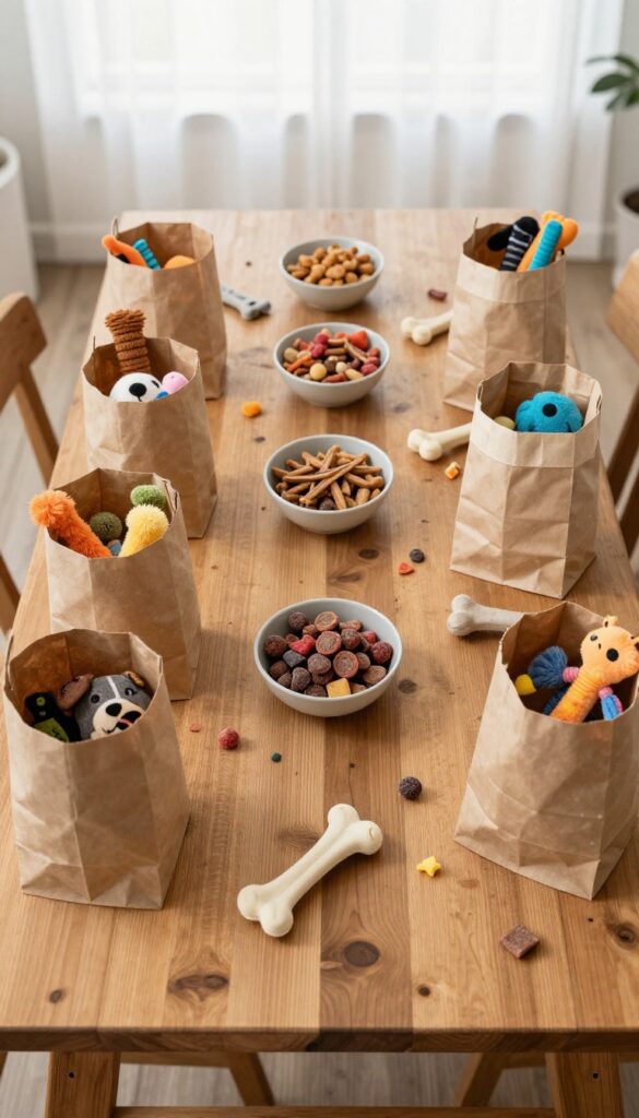 Goodie bag assembly line for dogs with treats and toys on a wooden table