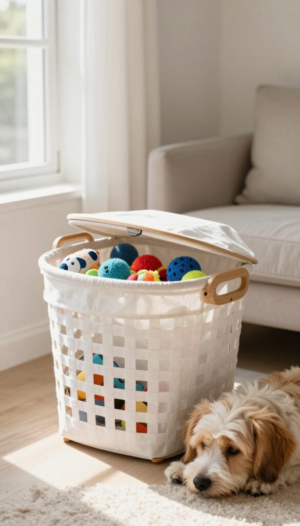 DIY dog toy storage bin made from a laundry basket with fabric liner and lid, placed in a bright living room corner with dog toys visible.