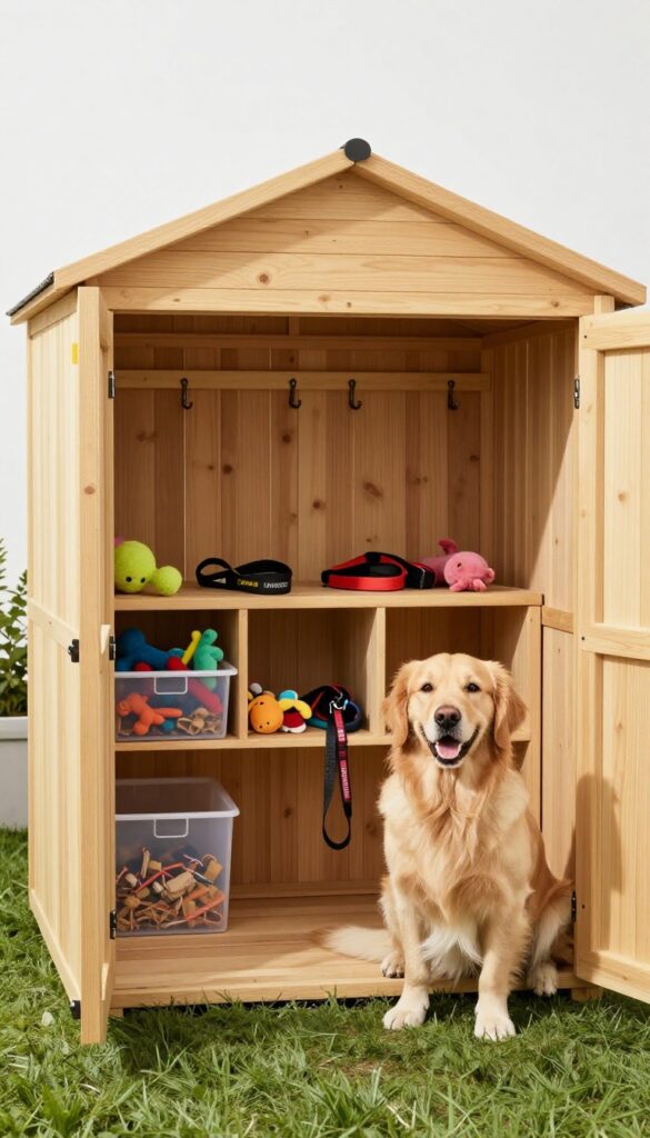 Dog kennel shed with organized storage for dog gear, featuring shelves, hooks, and bins, with a golden retriever sitting beside it in a sunny backyard.