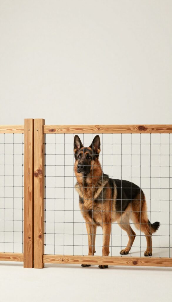 Dog standing behind a hog wire fence in a backyard, farmhouse style, secure barrier for large breeds.