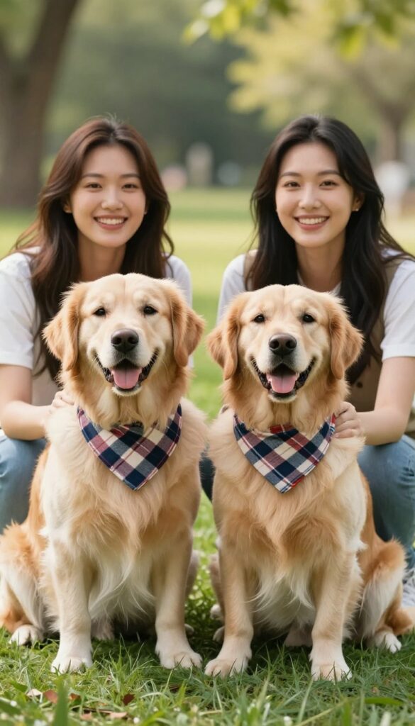 Golden retriever in plaid bandana matching owner's scarf in sunny park