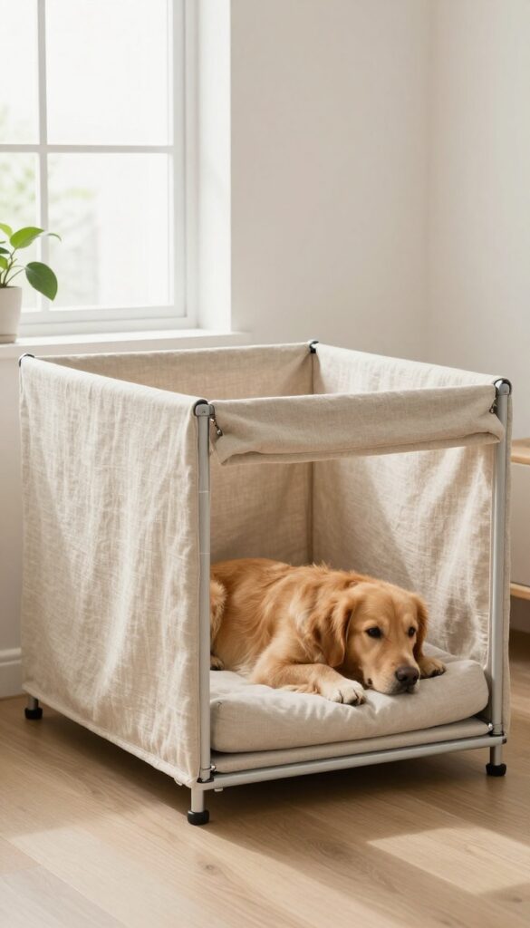 A dog crate covered with a beige linen cover, front flap rolled up, with a golden retriever resting inside, in a bright and clean living room.